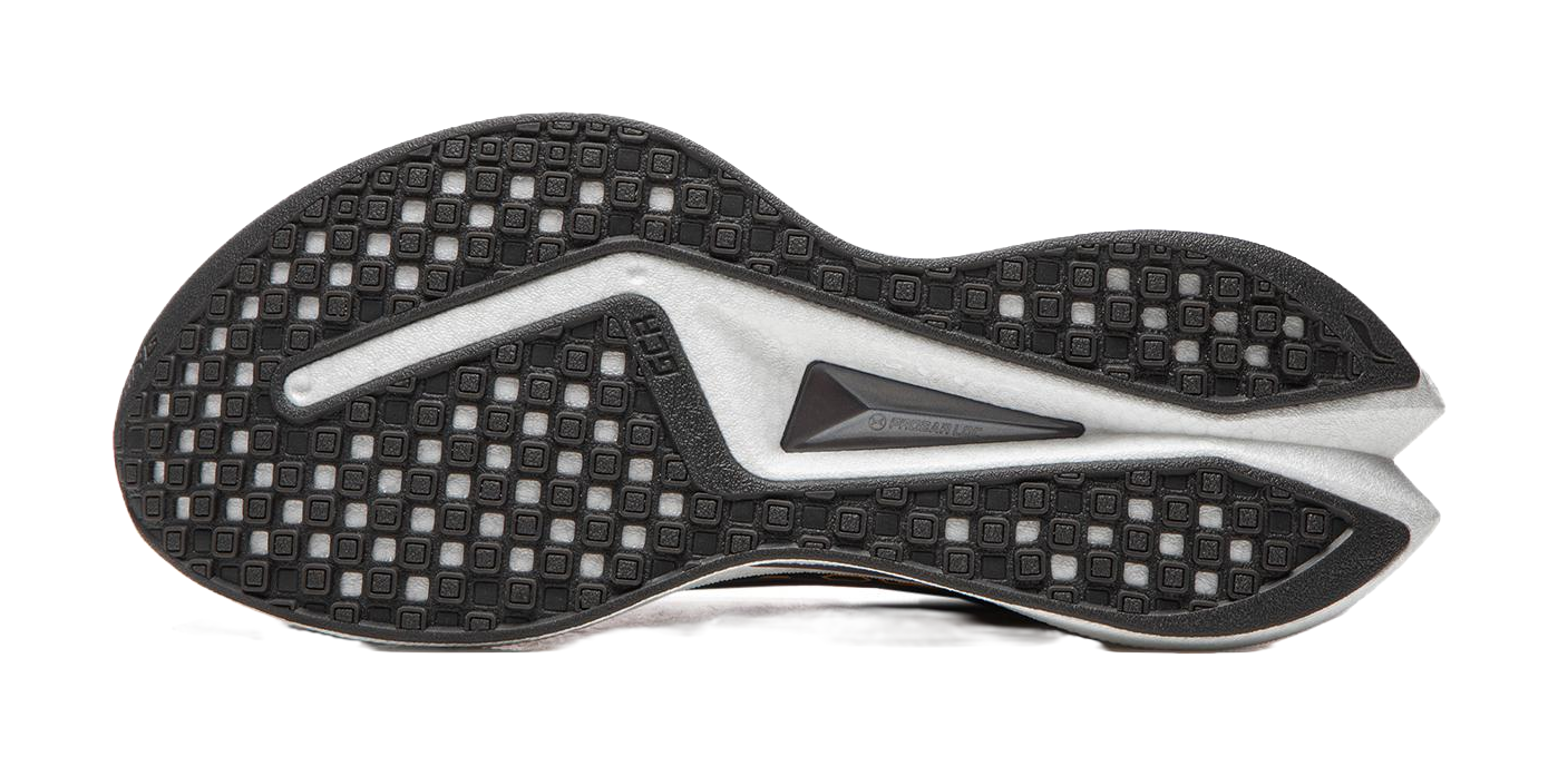 Black outsole with square tread pattern and gray midfoot support plate.