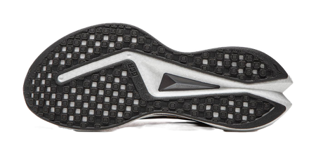 Black outsole with square tread pattern and gray midfoot support plate.