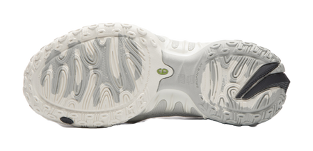 Unisex basketball shoe outsole with white tread pattern and gray/green details