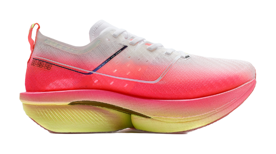 Women's low-top running shoes in hot pink gradient with white mesh collar, lime sole.
