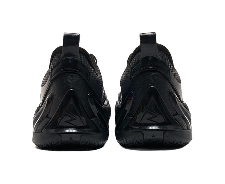 Unisex low-top basketball shoe heels in black with cushioned back and branding
