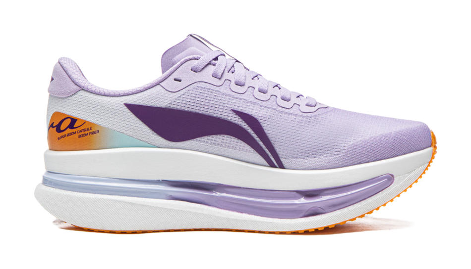 Women’s low-top running shoes, lavender upper with purple side panel and orange sole