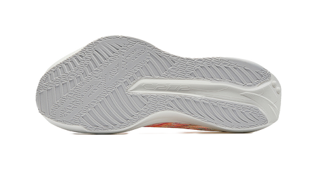 Women’s running shoes, gray textured outsole with traction pattern and white midsole