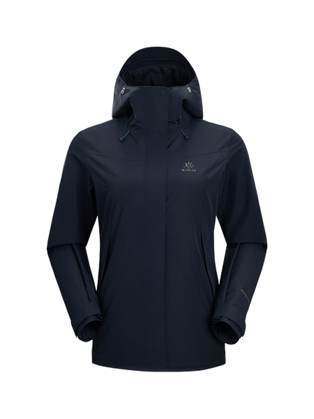 Women's dark navy windbreaker jacket with adjustable hood, zip front, and side pockets.