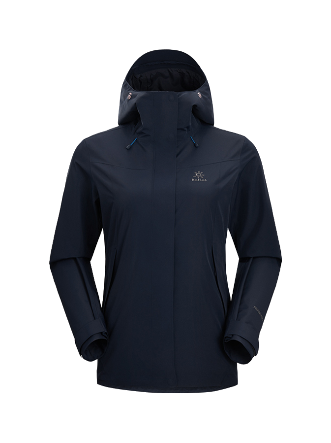 Women's dark navy windbreaker jacket with adjustable hood, zip front, and side pockets.