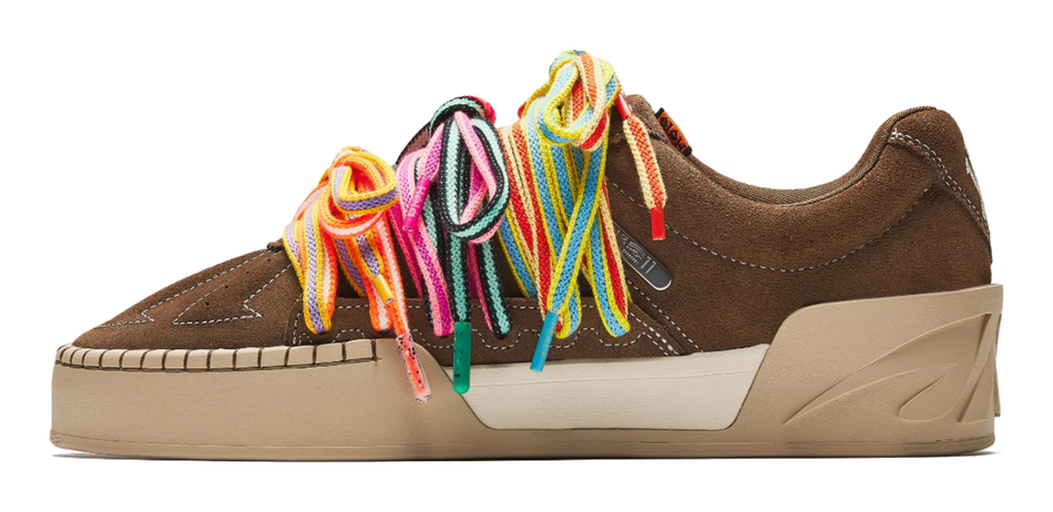 Brown low-top sneaker with multicolor lace tassels and cream midsole