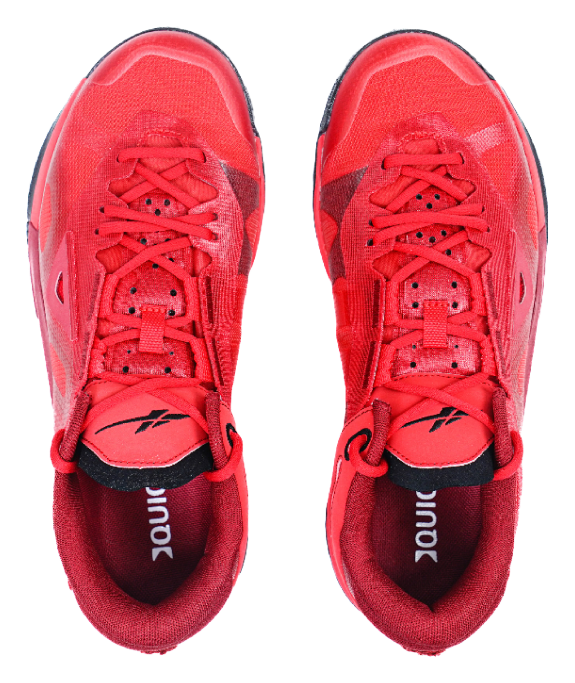 Red low-top basketball shoes, front view with red laces and padded tongue