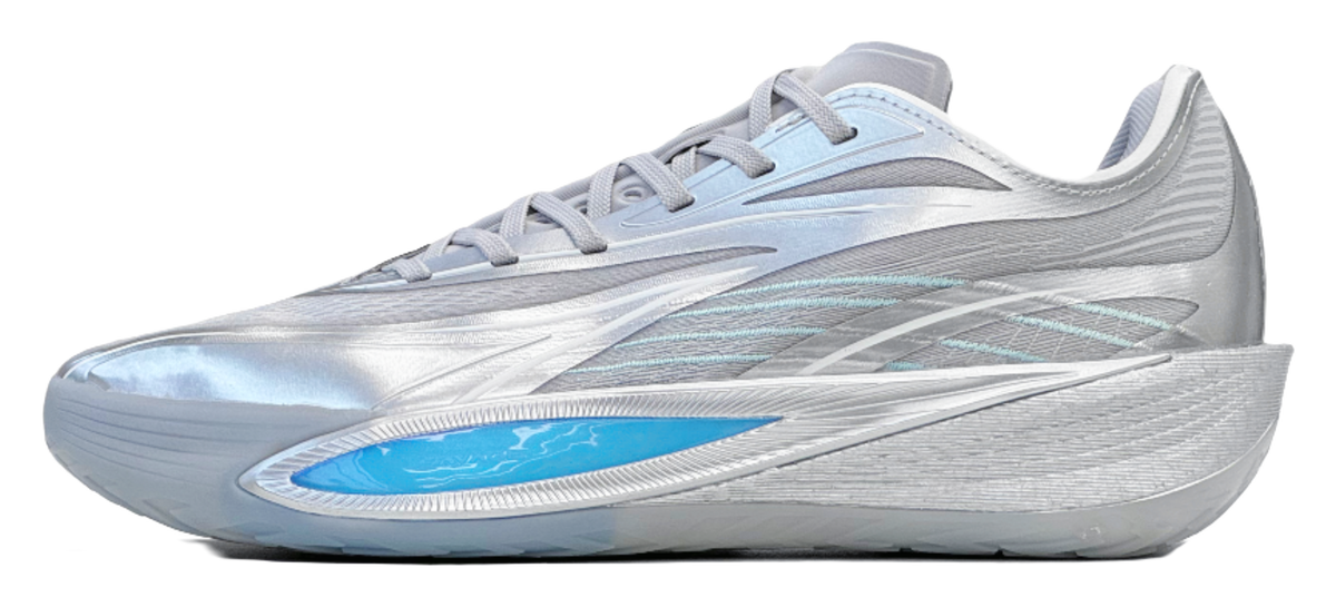 Silver low-top basketball shoes with blue logo and sculpted sole