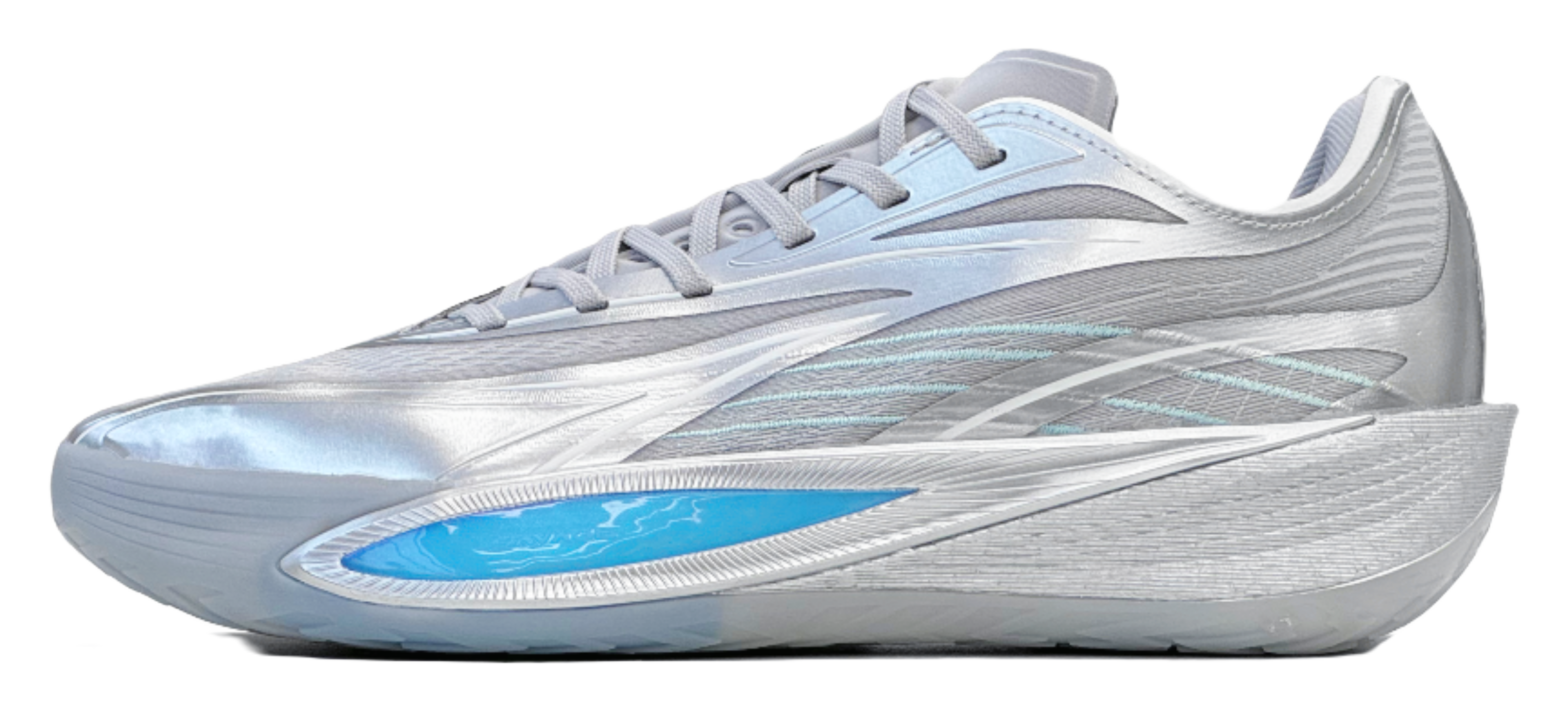Silver low-top basketball shoes with blue logo and sculpted sole
