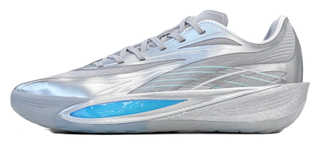 Silver low-top basketball shoes with blue logo and sculpted sole