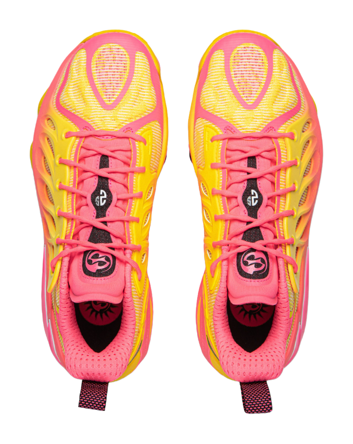 Unisex basketball shoe pair showing pink tongue and yellow eyelet panels