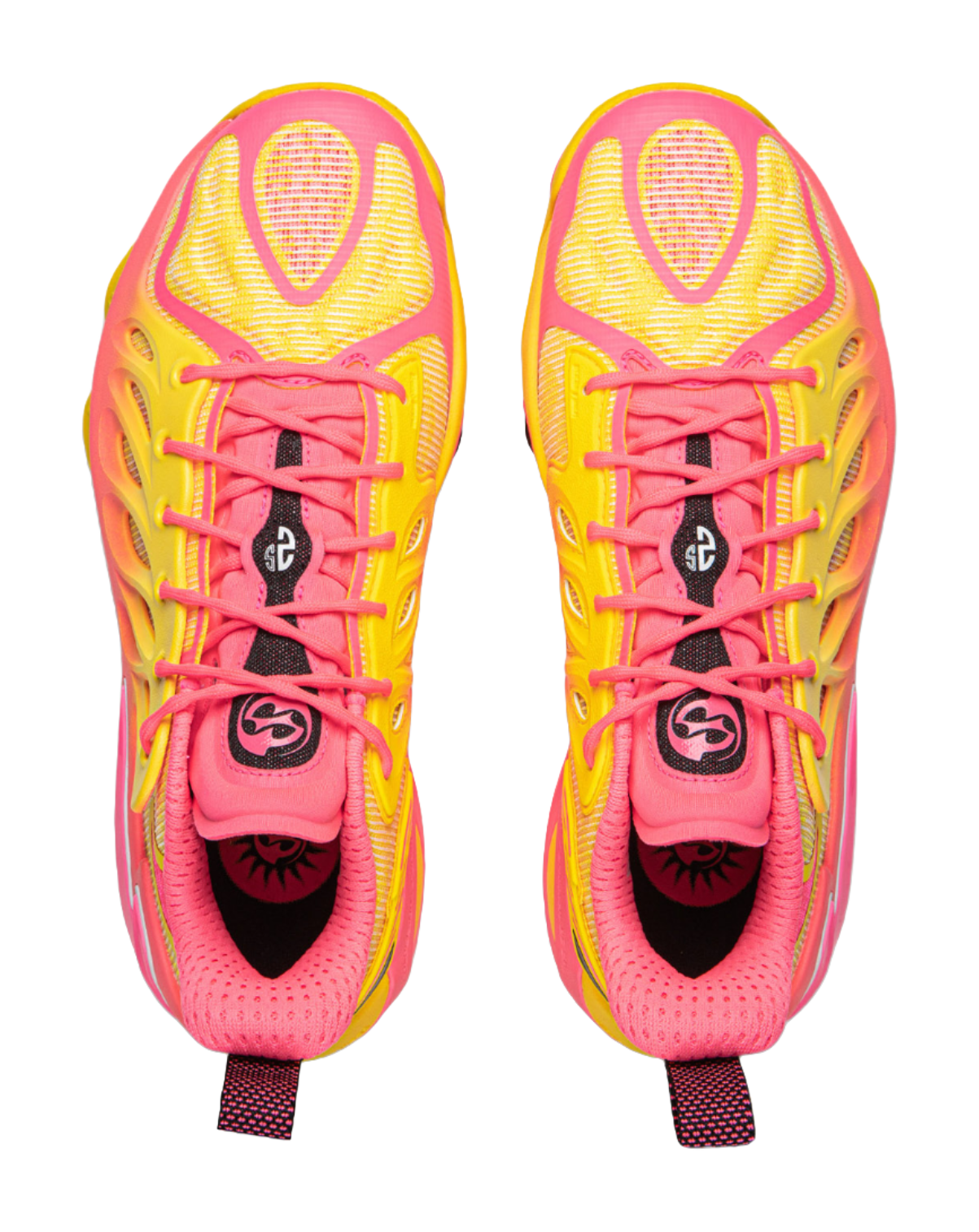 Unisex basketball shoe pair showing pink tongue and yellow eyelet panels