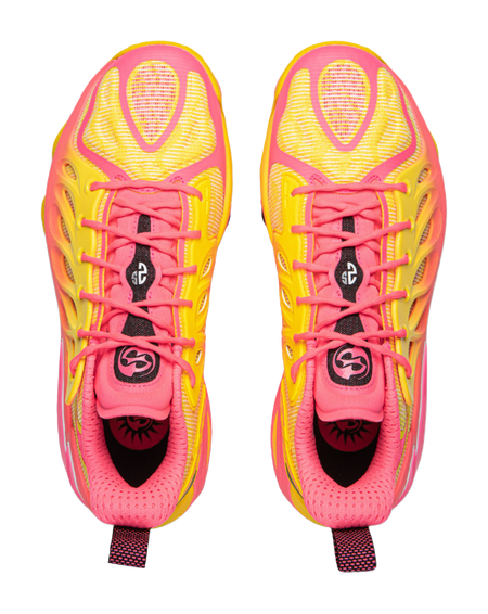 Unisex basketball shoe pair showing pink tongue and yellow eyelet panels