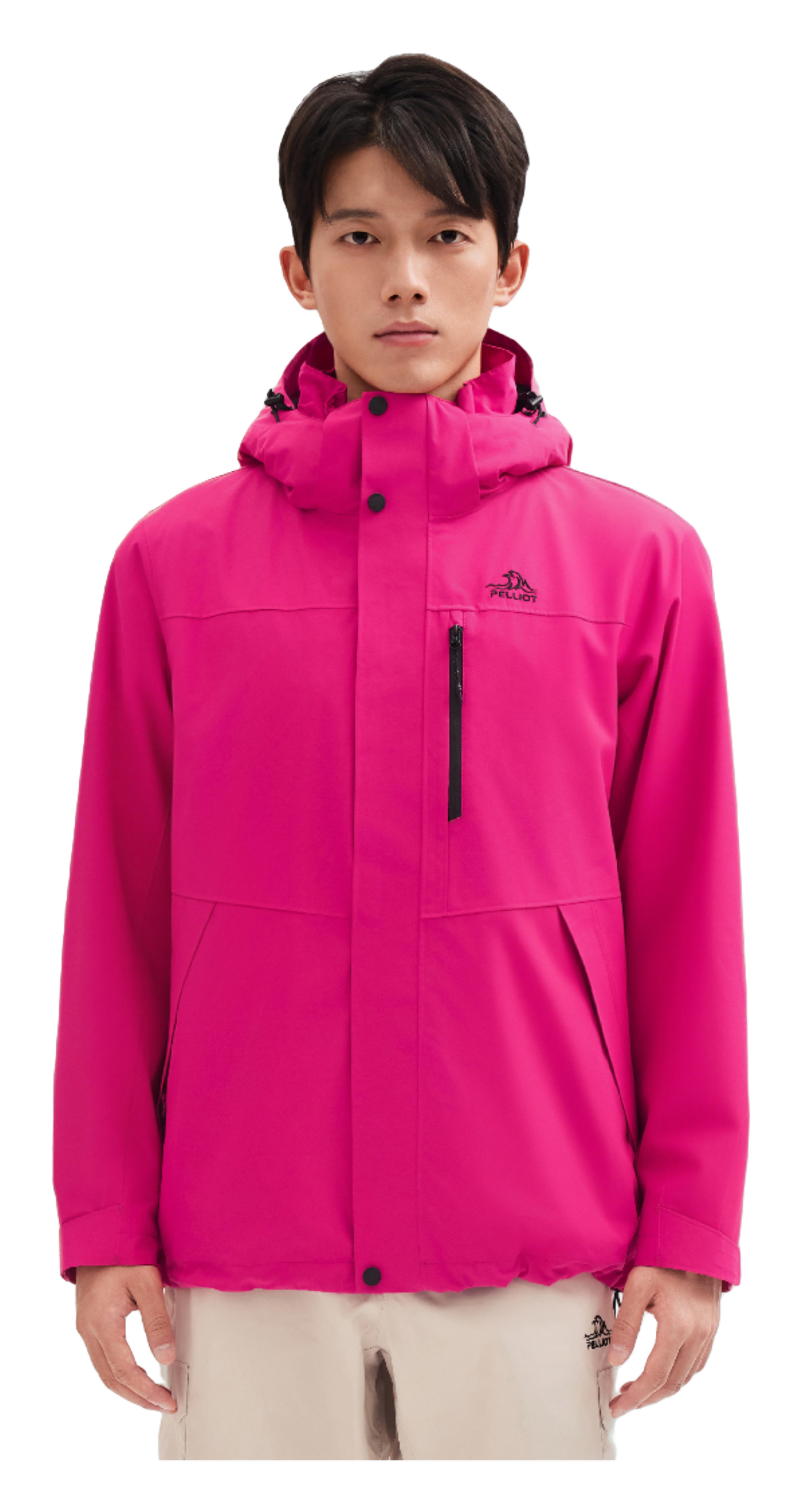 Men's PELLIOT windbreaker jacket on model, fuchsia pink hood and front zip
