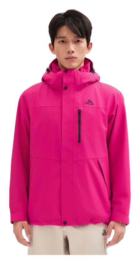 Men's PELLIOT windbreaker jacket on model, fuchsia pink hood and front zip