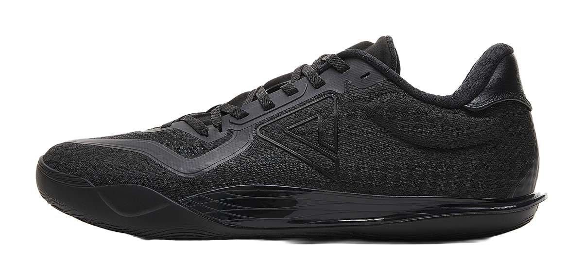 Black lace-up basketball shoe with textured upper and side logo