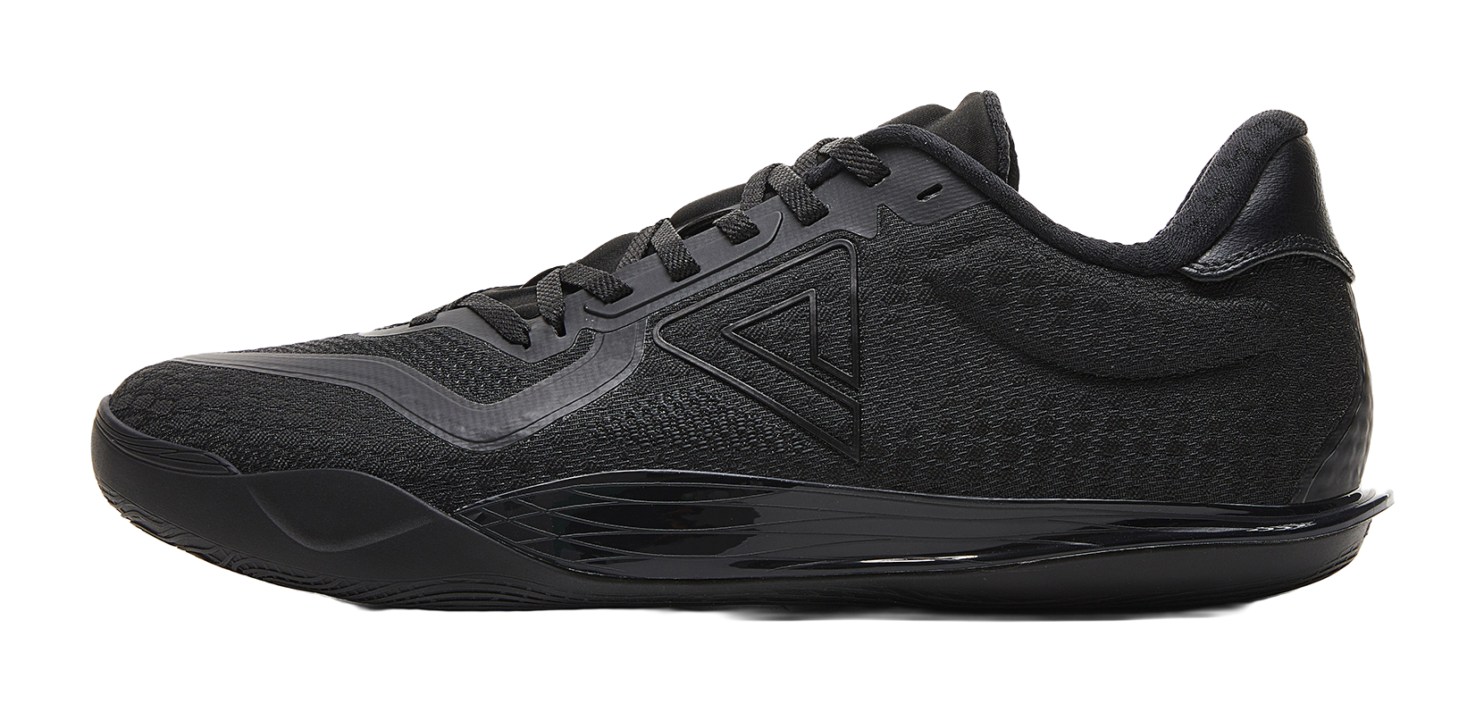 Black lace-up basketball shoe with textured upper and side logo