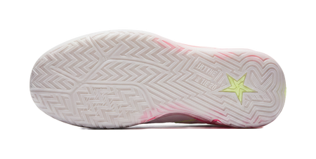White basketball shoe outsole with zigzag tread and green star logo