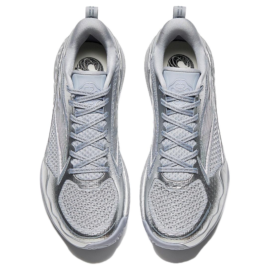 Men's basketball shoe in silver-gray, front top view with lace closure and padded tongue