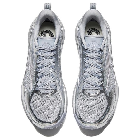 Men's basketball shoe in silver-gray, front top view with lace closure and padded tongue