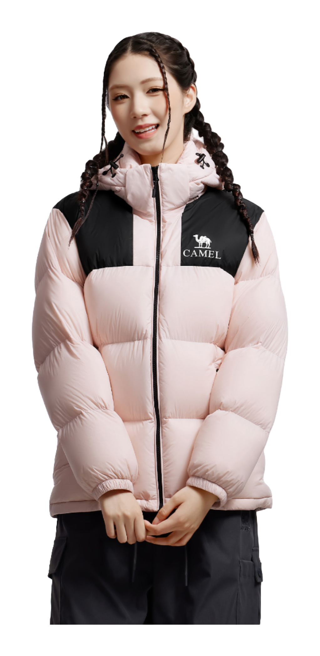 Unisex down puffer jacket with hood, light pink, full-zip front and logo patch
