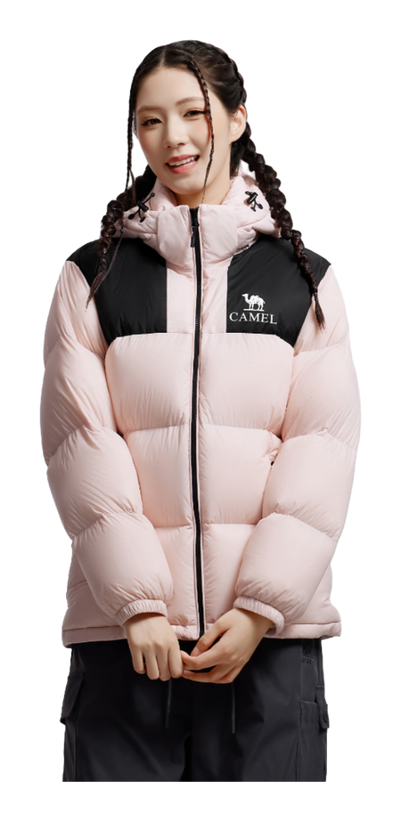 Unisex down puffer jacket with hood, light pink, full-zip front and logo patch
