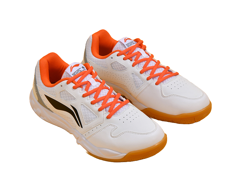 Li-Ning white and orange badminton shoes with orange laces and mesh panels