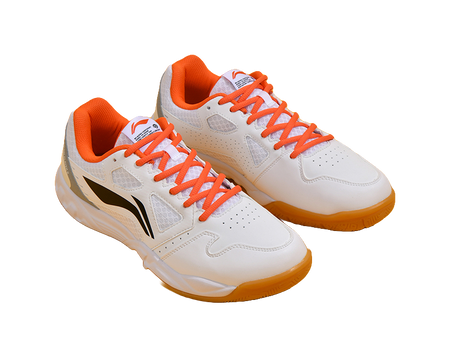 Li-Ning white and orange badminton shoes with orange laces and mesh panels