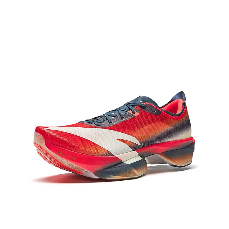 Women's running shoes, red-orange knit upper, navy laces, white side stripe, cushioned sole