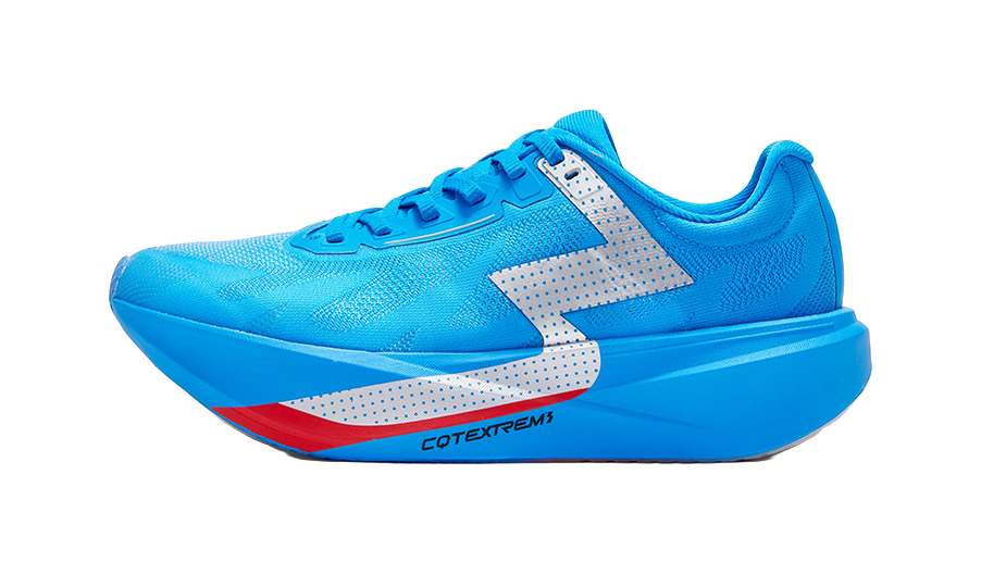 Unisex low running shoe in bright blue with white side stripes and red accent
