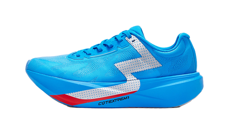Unisex low running shoe in bright blue with white side stripes and red accent