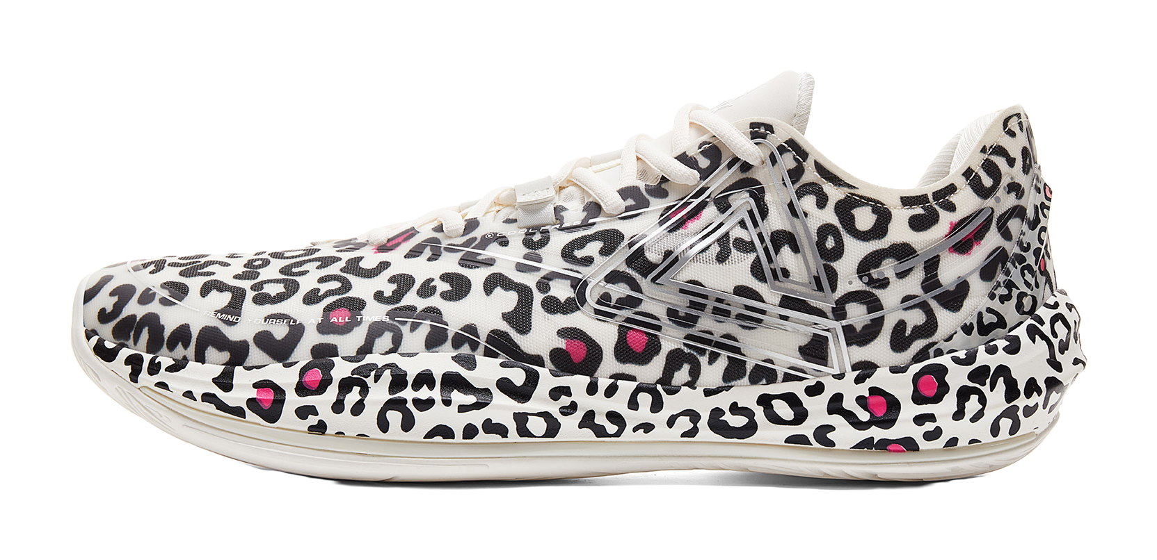 Lightweight basketball shoe in white with black leopard print and pink accents, lace-up