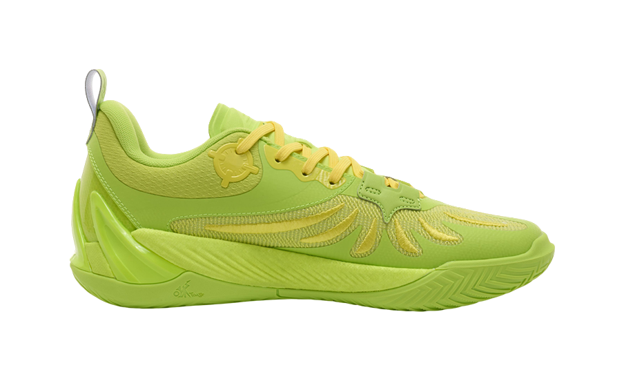 Rigorer AR3 low-top basketball shoe, side view in lemon green with stitched overlays