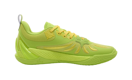 Rigorer AR3 low-top basketball shoe, side view in lemon green with stitched overlays