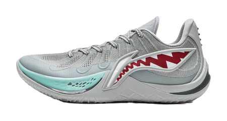 Gray basketball shoe with teal sole and red shark graphic on side