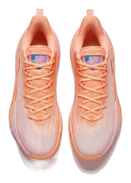 Light pink basketball shoe pair with orange laces and cushioned collar