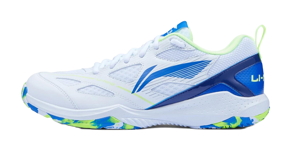 White badminton shoe with blue side logo and neon green heel accents, lace-up