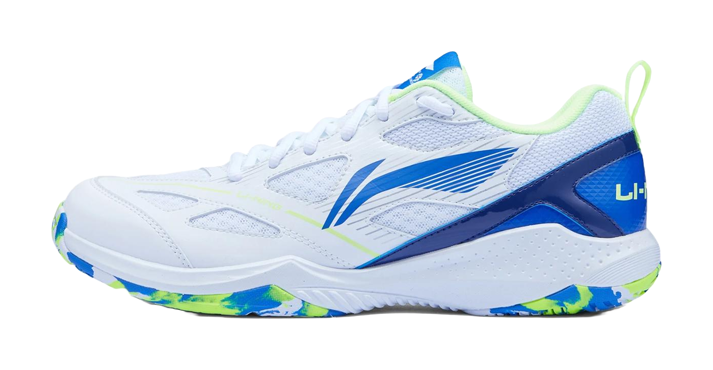White badminton shoe with blue side logo and neon green heel accents, lace-up