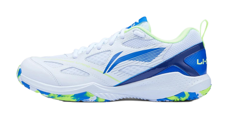 White badminton shoe with blue side logo and neon green heel accents, lace-up