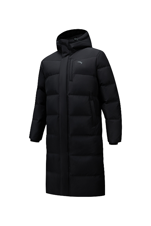 Unisex black long down puffer with hood, full zipper