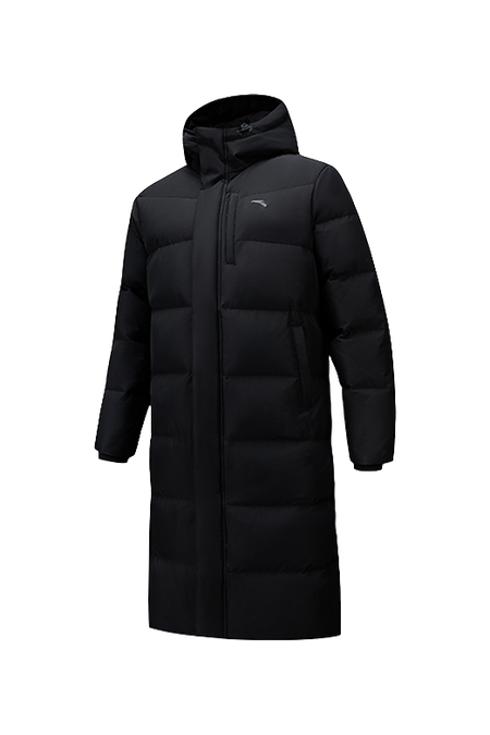 Unisex black long down puffer with hood, full zipper