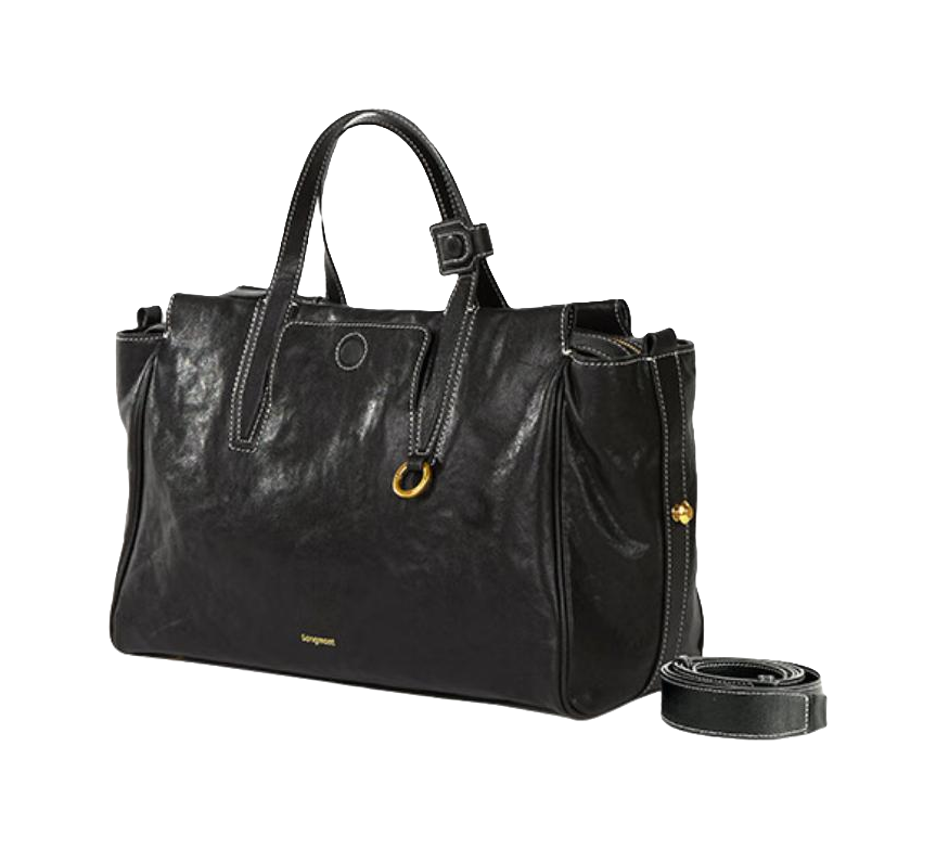 Black leather travel shoulder bag with top handles, front pocket, and detachable crossbody strap