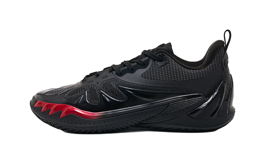 Unisex low-top basketball shoe in black with red accents, lace-up mesh upper