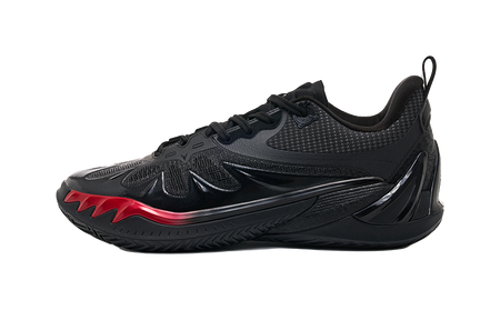 Unisex low-top basketball shoe in black with red accents, lace-up mesh upper