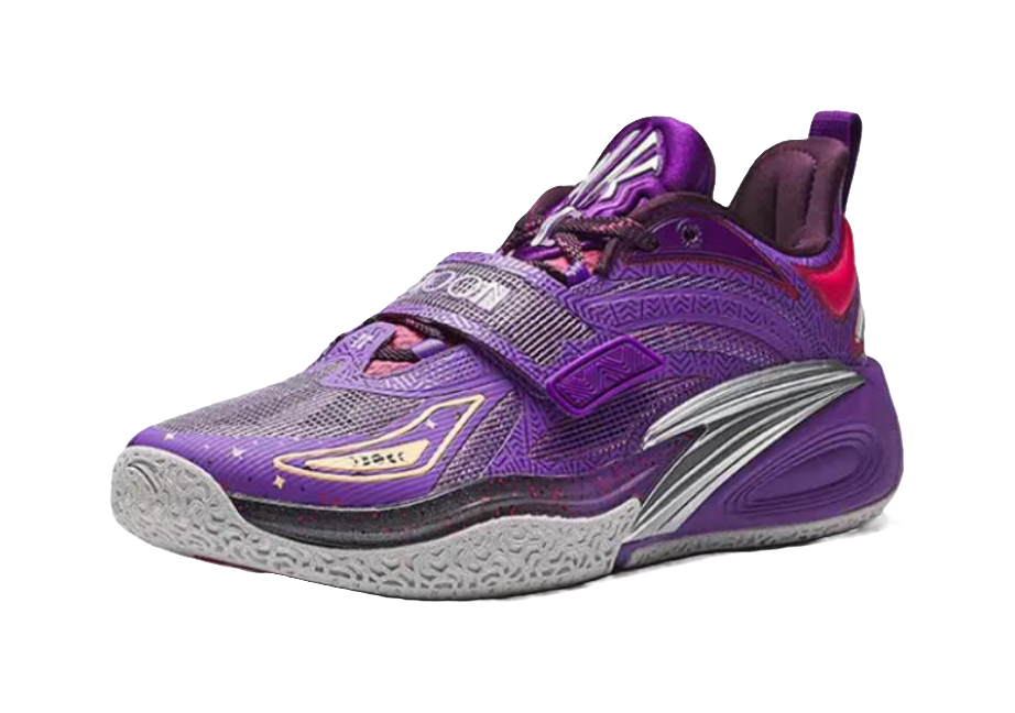 Purple low-top basketball shoe with lace-up, contrast trims, and curved midsole