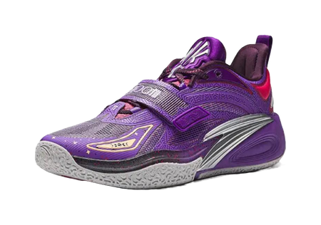 Purple low-top basketball shoe with lace-up, contrast trims, and curved midsole