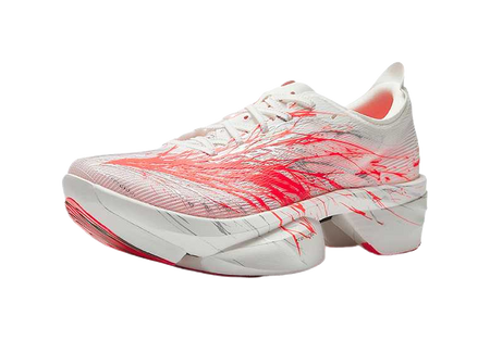 Women’s low-top running shoe, white mesh knit with red streak graphics and thick midsole