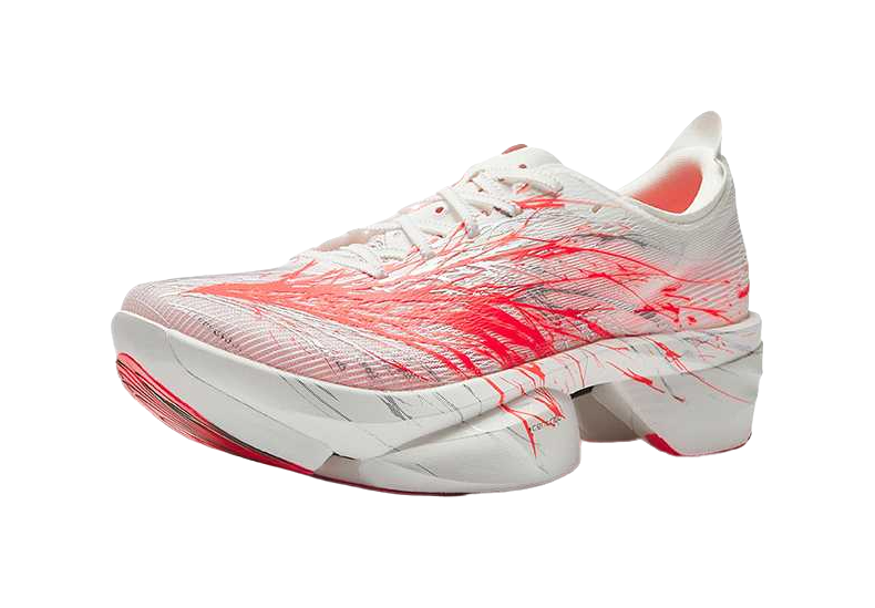 Women’s low-top running shoe, white mesh knit with red streak graphics and thick midsole