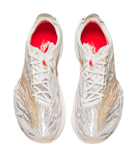 Pair of marathon racing shoes in white with bronze-gold pattern, red-lined tongue