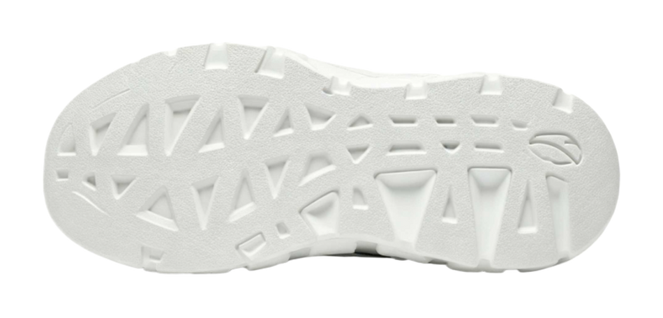 Women's low-top running shoe outsole, white textured tread with geometric pattern